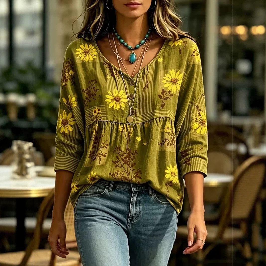 Women's Floral Print Half-Sleeve Button-Up Shirt