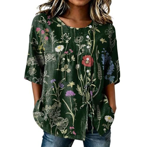 Women's Floral Print Drawstring Half-Sleeve Blouse