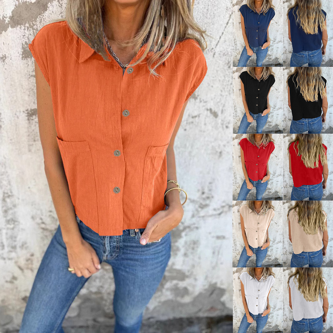 Women's Solid Color Collared Blouse Sleeveless Top