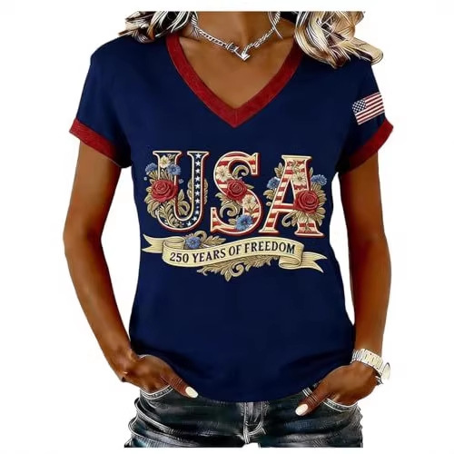 USA Flag Print V-Neck Short Sleeve Women's T-Shirt