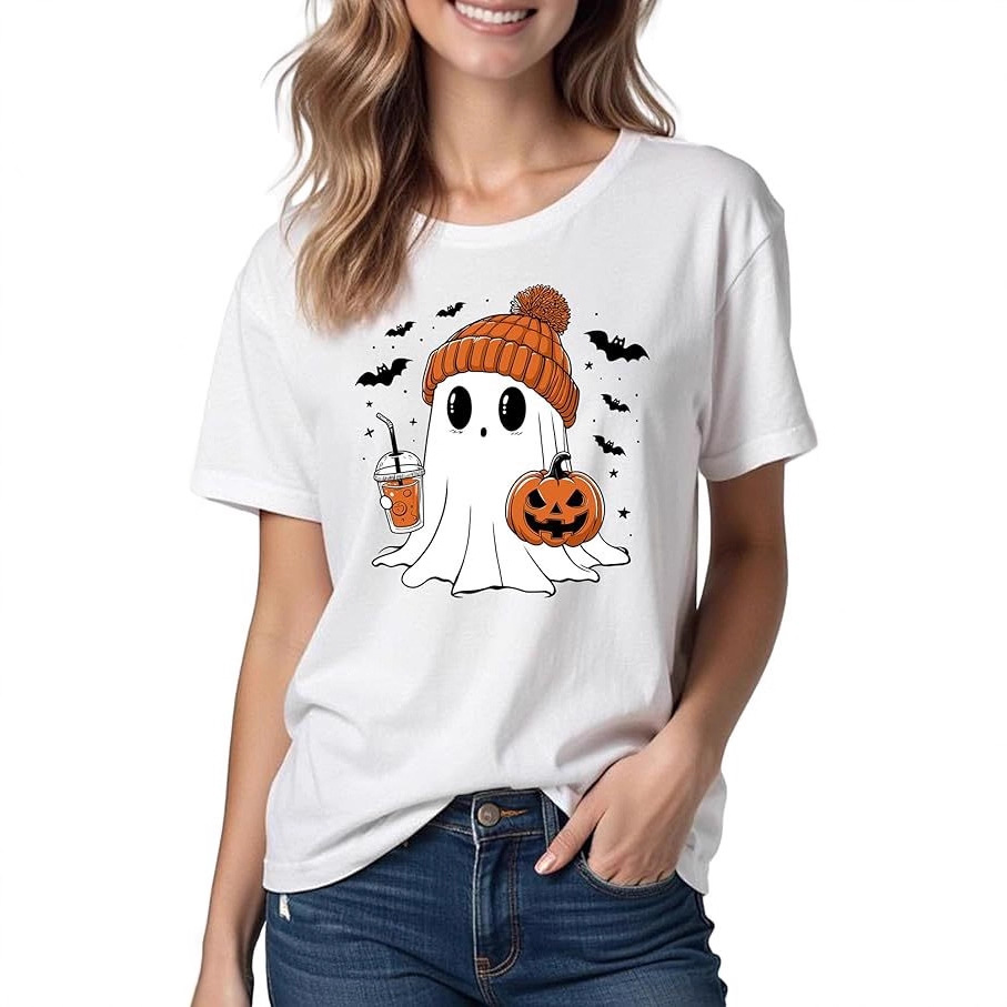 Halloween Ghost Print Crewneck Short Sleeve Top