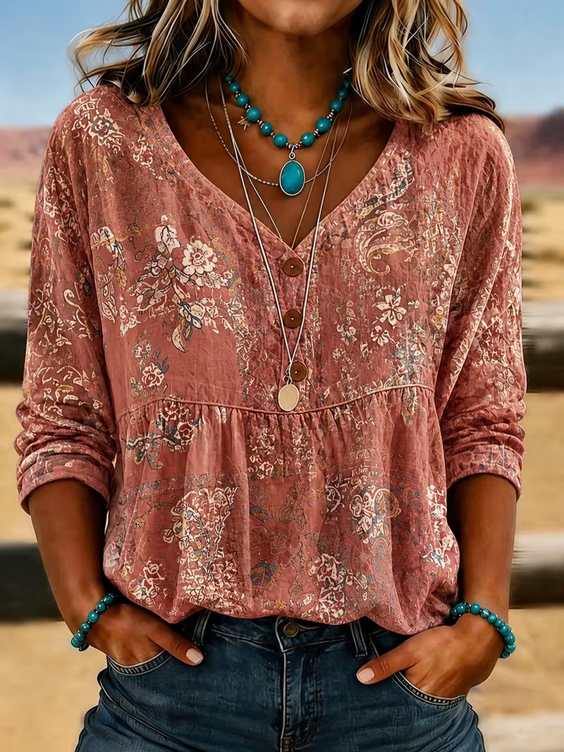 Women's Vintage Tribal Floral Print Long Sleeve Button V-Neck Blouse