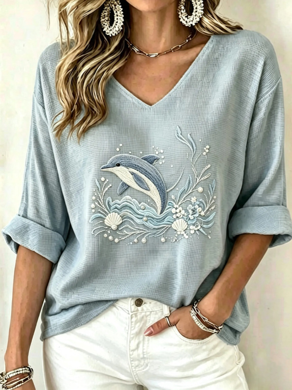 Women's V-Neck Half-Sleeve T-Shirt with Ocean Life Print