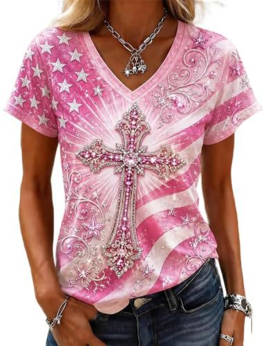 Heart Cross Skull Print V-Neck Short Sleeve Women's T-Shirt