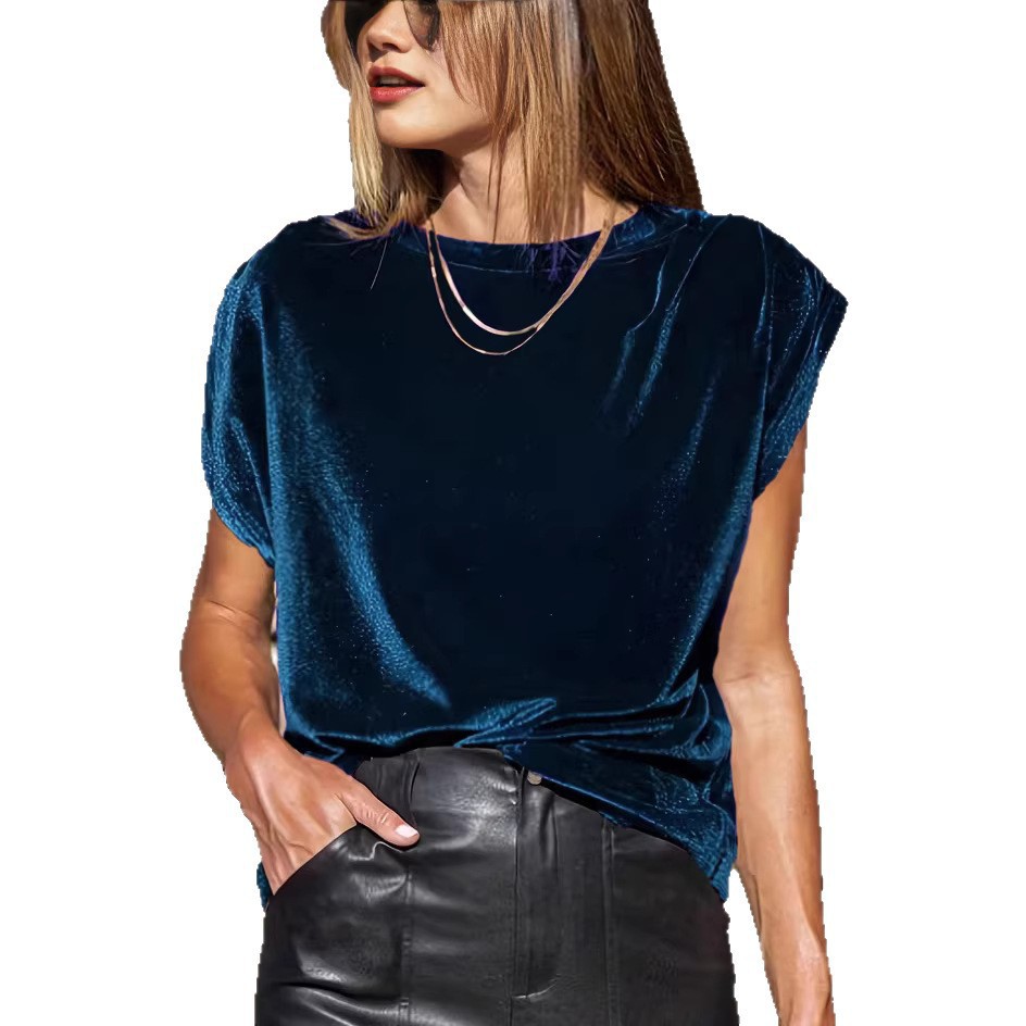 Women's Velvet Short Sleeve T-Shirt Casual Loose Fit Solid Color