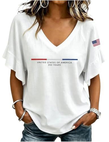 Women's V-Neck Rolled Sleeve T-Shirt with Letter Flag Print