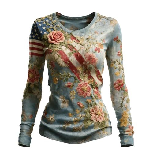 Women's American Flag Striped Rose Print Long Sleeve Top