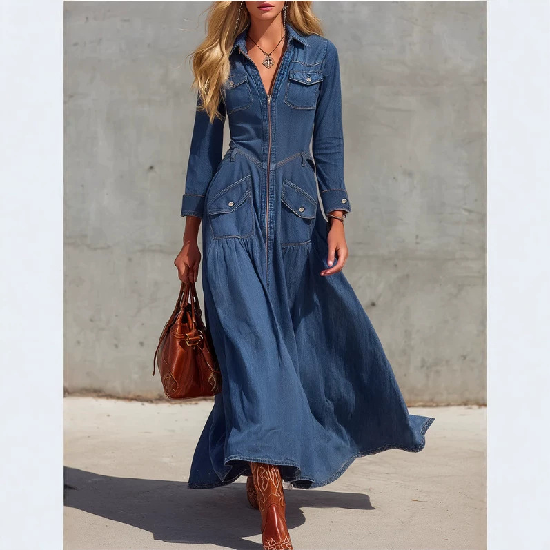 Retro Western Washed Denim Long-Sleeve Utility Pocket Shirt Dress