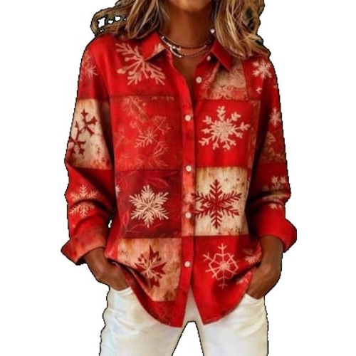 Women's Snowflake Plaid Print Long Sleeve Button-Front Shirt