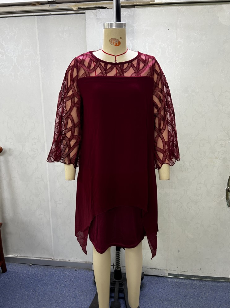 Lace Panel Seven-Sleeve Asymmetrical Hem Chiffon Dress