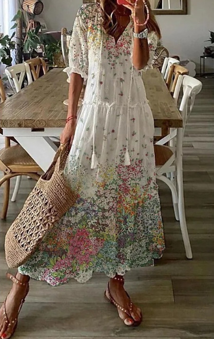 Women's Midi Dress with Tassels Loose Boho Print V-Neck Long