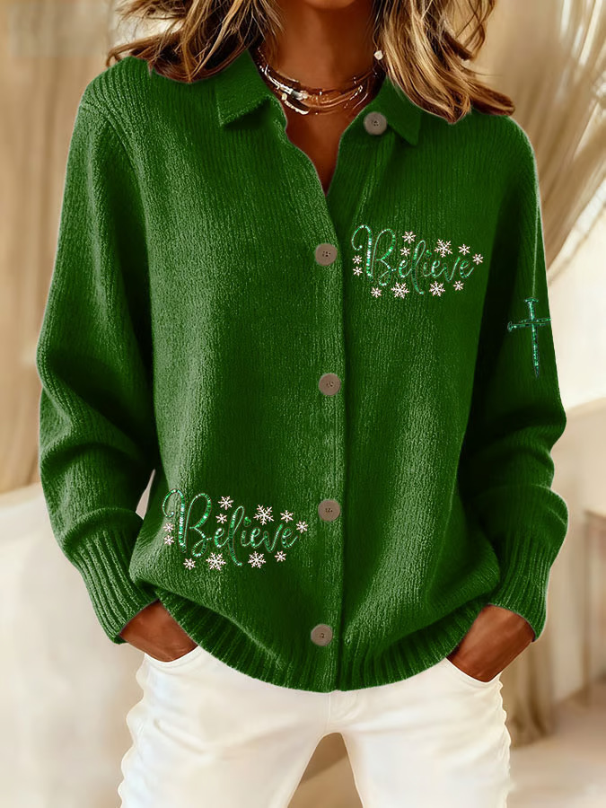 Women's Christmas Snowflake Print Long Sleeve Button-Front Shirt