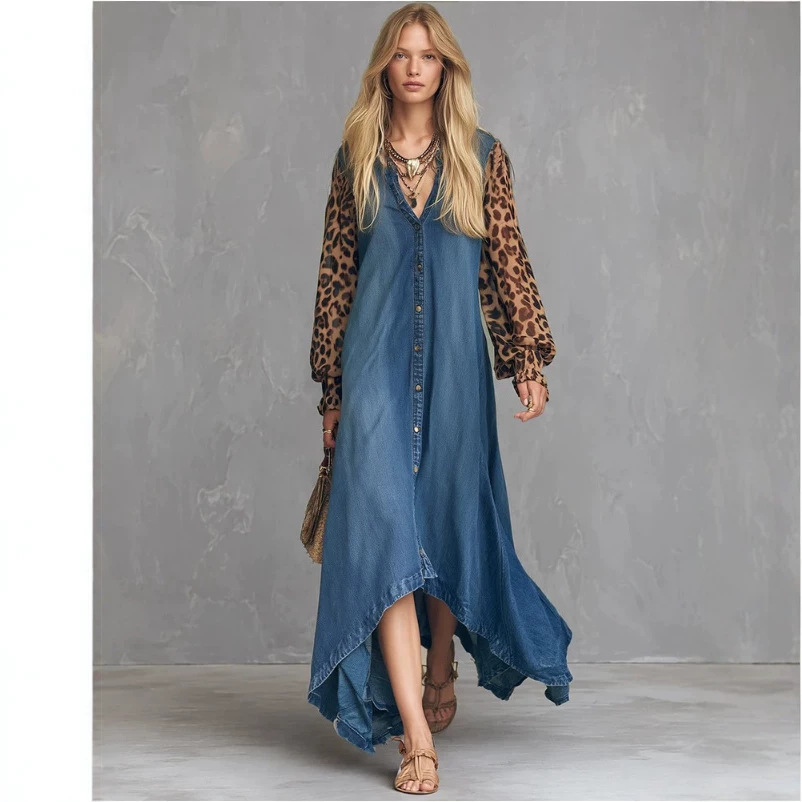 Retro Blue Denim Leopard Sleeve Long Dress