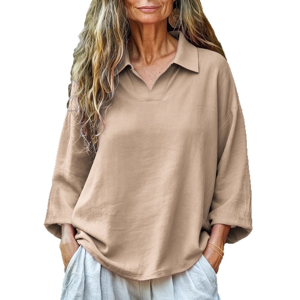 Women's Casual Loose Solid Color Button-Down Shirt with Lapel Collar and Long Sleeves