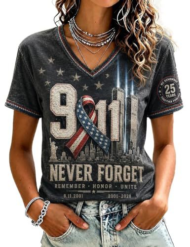 American Flag Twin Towers Print V-Neck Short Sleeve Women's T-Shirt