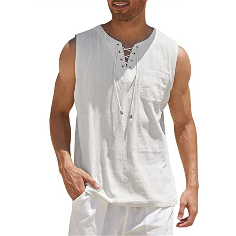 Men's Cotton-Linen Sleeveless Lace-Up Casual Shirt