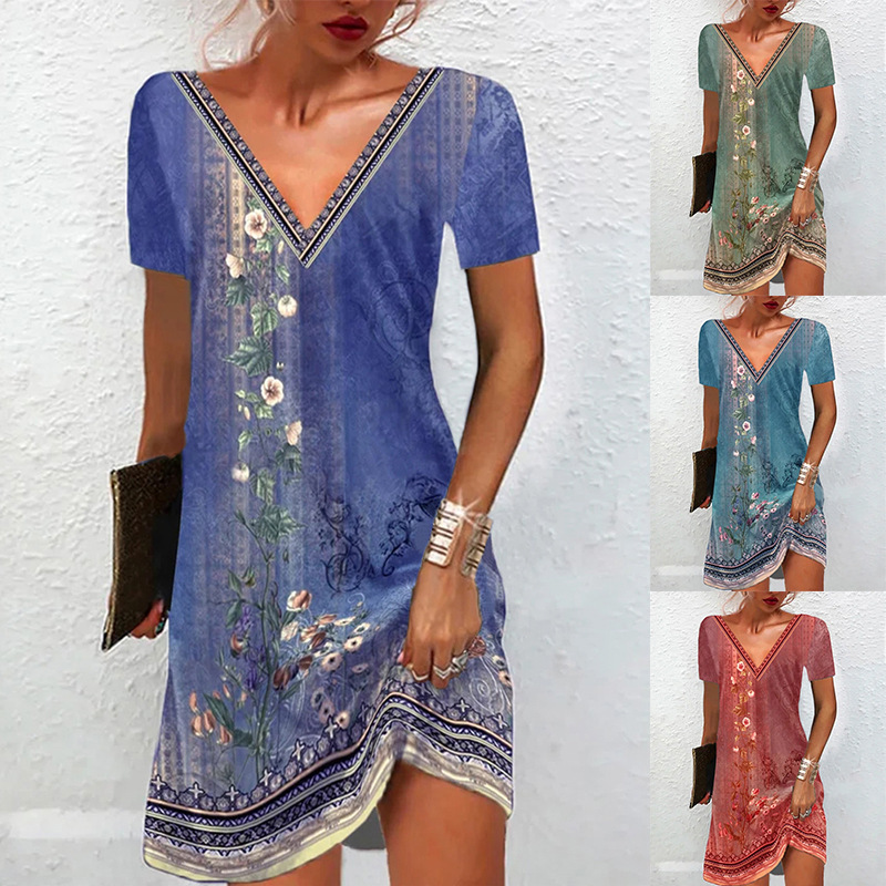 Ethnic Floral Print V-Neck Short Sleeve A-Line Midi Dress
