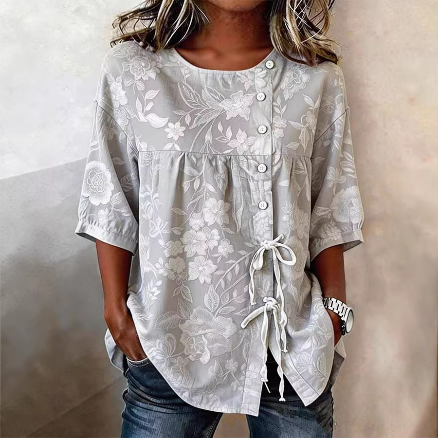 Women's Casual Digital Print Tie-Front Shirt Short Sleeve