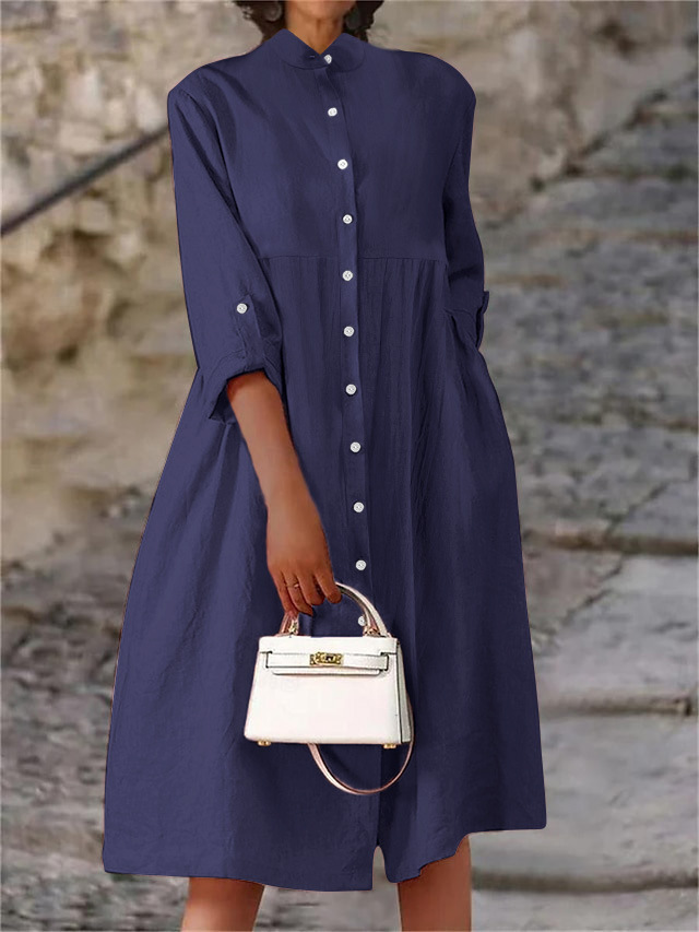 Women's Cotton-Linen Solid Button Shirt Dress Casual Long Sleeve Stand Collar
