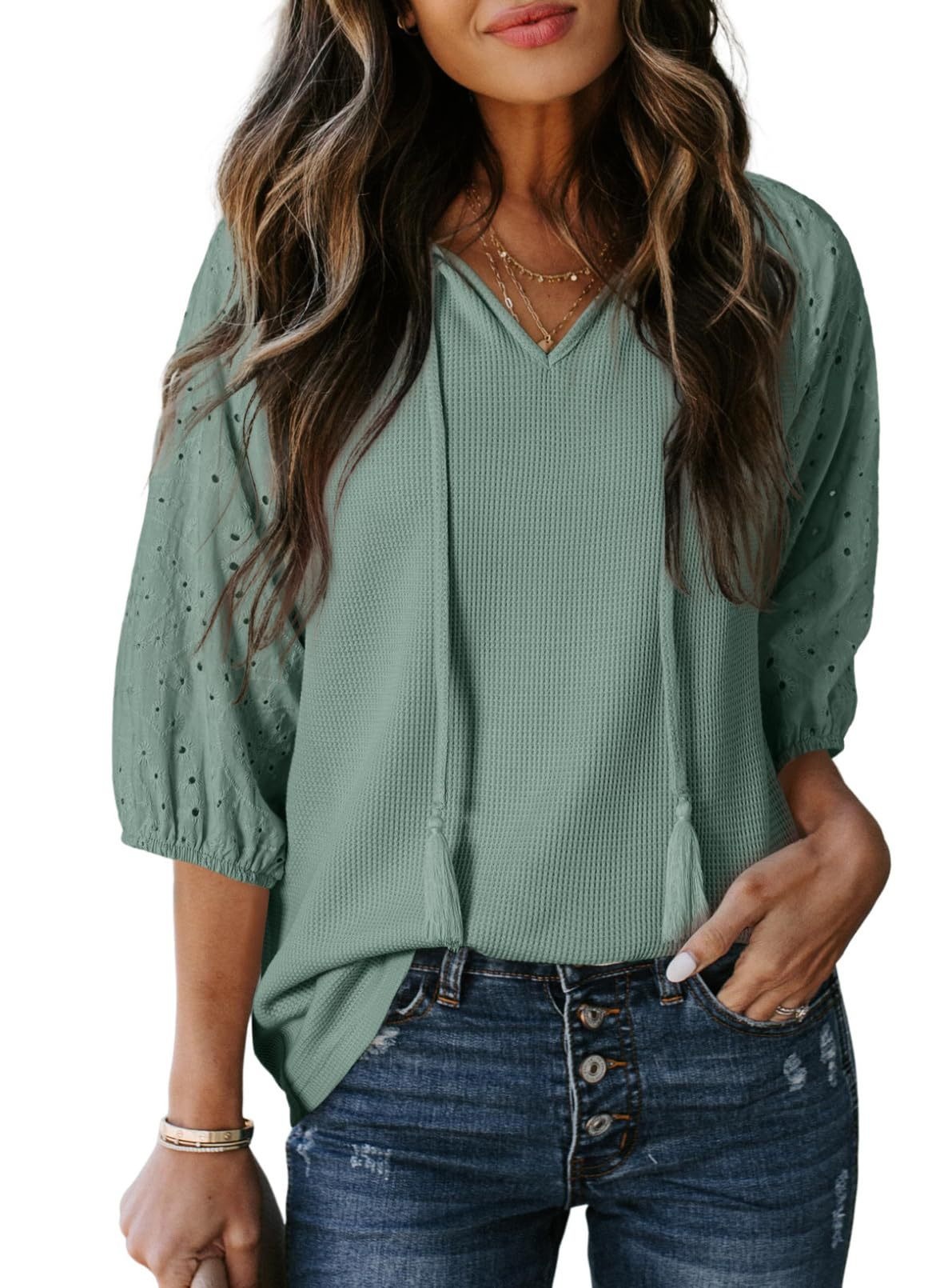 Waffle Knit Hollow Embroidered V-Neck Drawstring Fringe Loose Women's Top