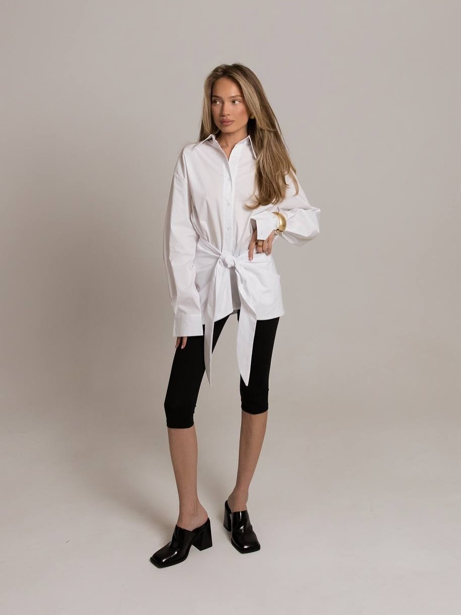 Solid Color Tie-Waist Button-Up Shirt