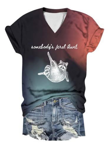 Raccoon Letter Print V-Neck Short Sleeve Women's T-Shirt