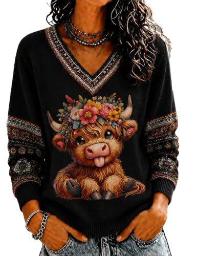 Floral Bull Head Print V-Neck Long Sleeve T-Shirt