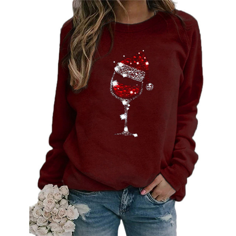 Christmas Wine Glass Print Long Sleeve Crewneck T-Shirt for Women