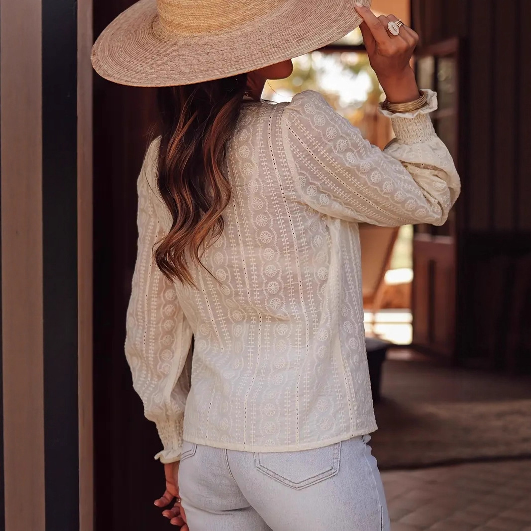 Elegant V-Neck Lace Panel Long-Sleeve Blouse