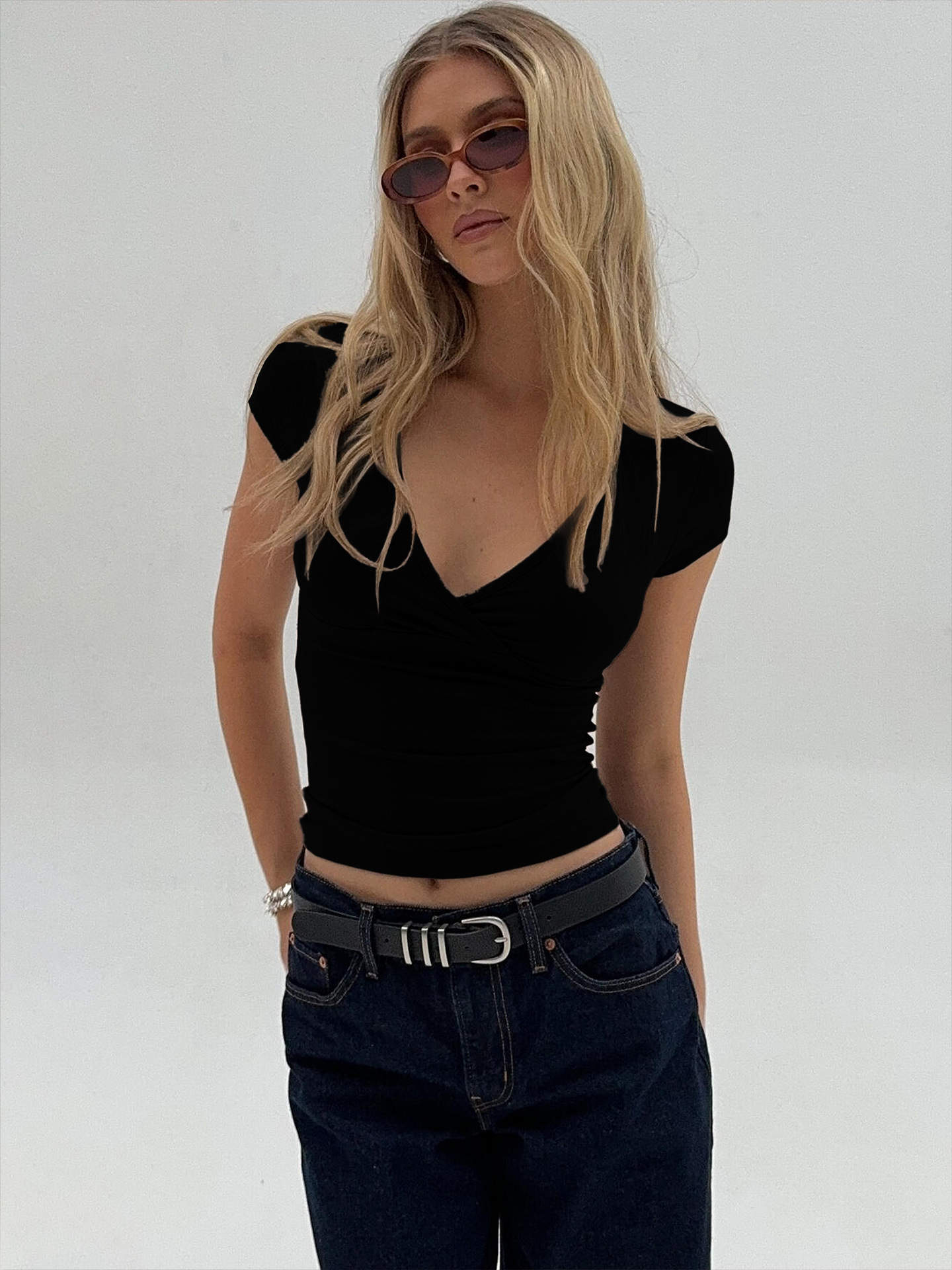 Deep V-Neck Slim Fit Solid Color T-Shirt