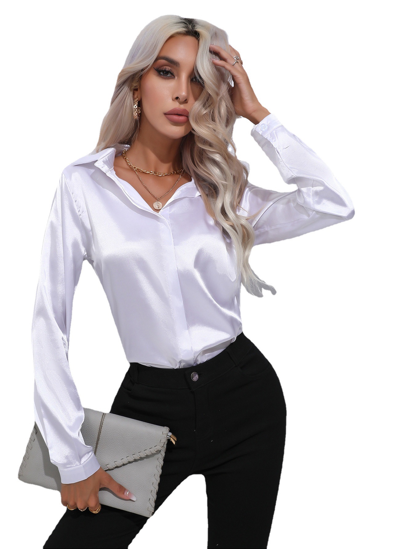 Women's Satin Button-Down Shirt Long Sleeve Solid Color