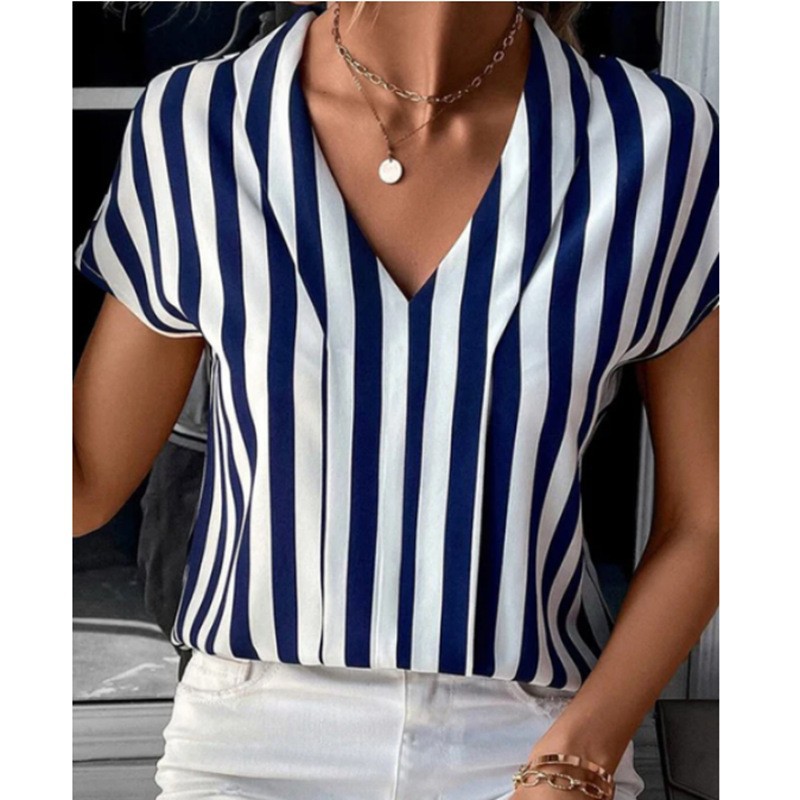 Women's Striped Button-Up Shirt Loose Casual Short Sleeve V-Neck Top