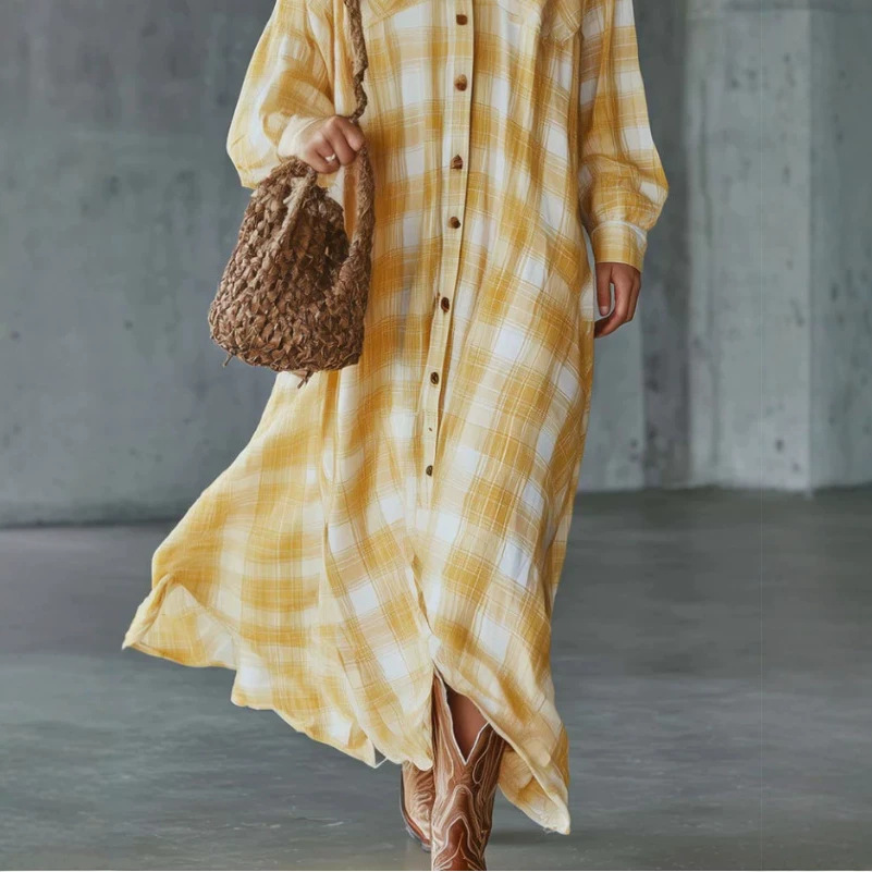 Retro Western Yellow Plaid Shirt Dress Long Sleeve High Waist A-Line Maxi