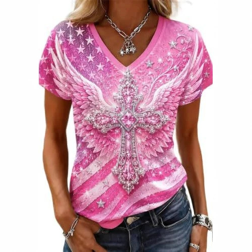 Heart Cross Skull Print V-Neck Short Sleeve Women's T-Shirt