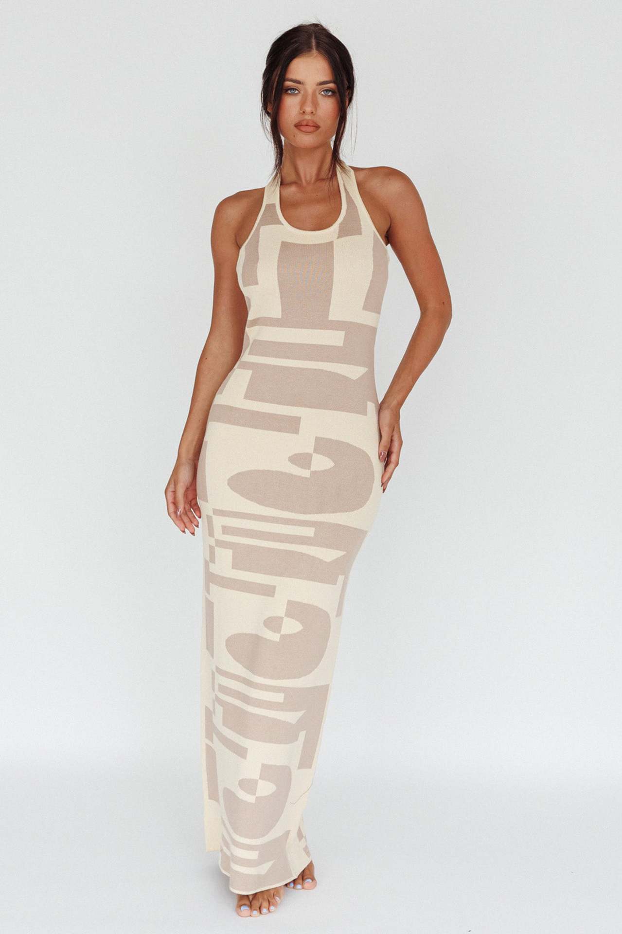 Women's Halter Neck Printed Backless Knit Bodycon Dress
