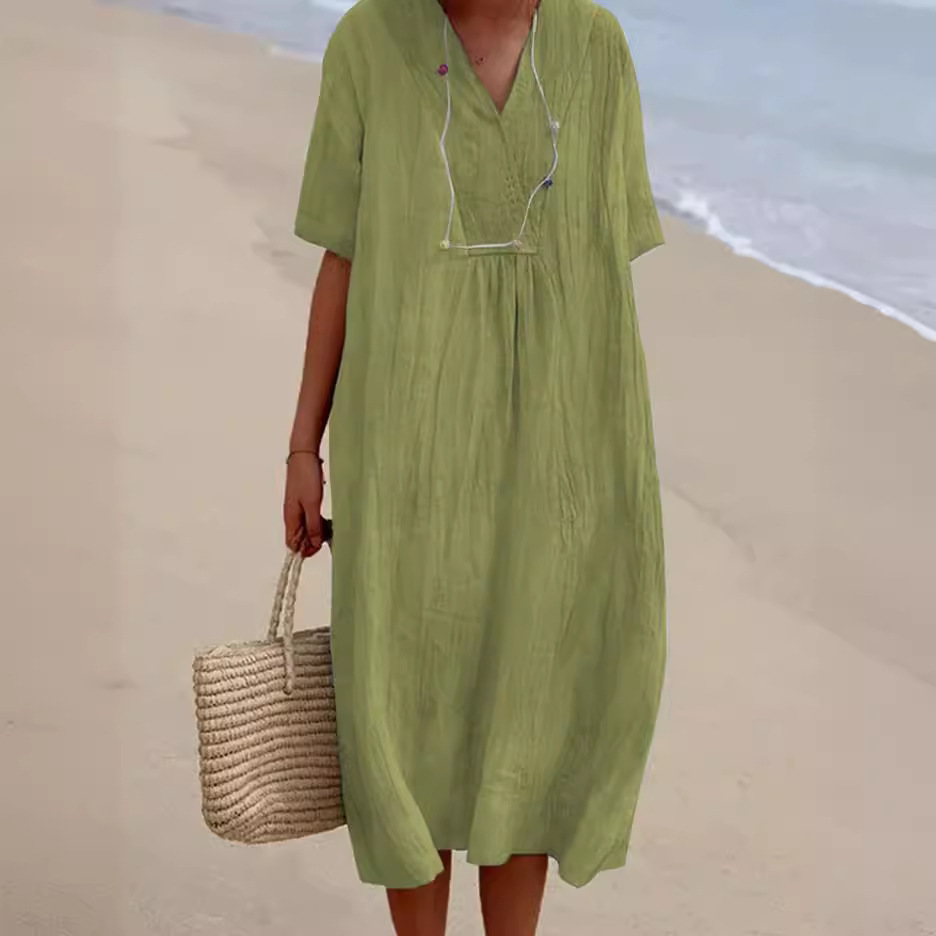 Women's Solid Cotton-Linen Casual Slimming Dress