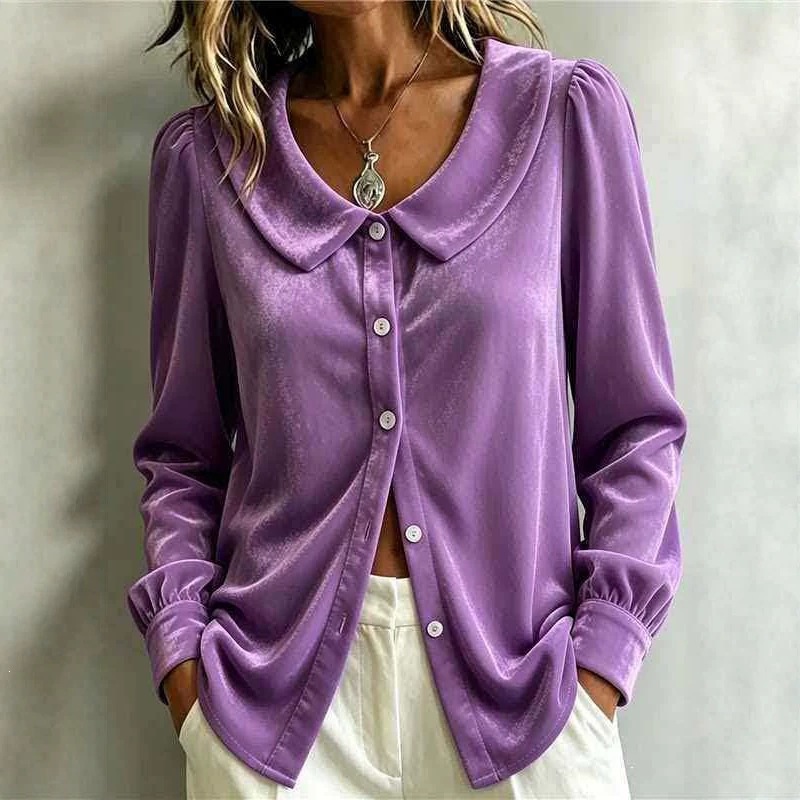 Velvet Button-Down Long-Sleeve French Collared Blouse