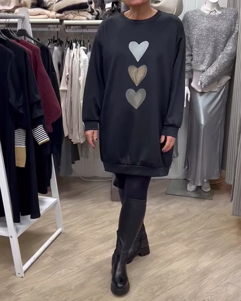 Heart Print Long Sleeve Crewneck Sweatshirt Dress