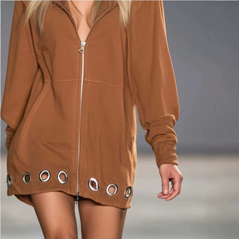 Women's Western Style Solid Color Zip Hoodie Mini Dress