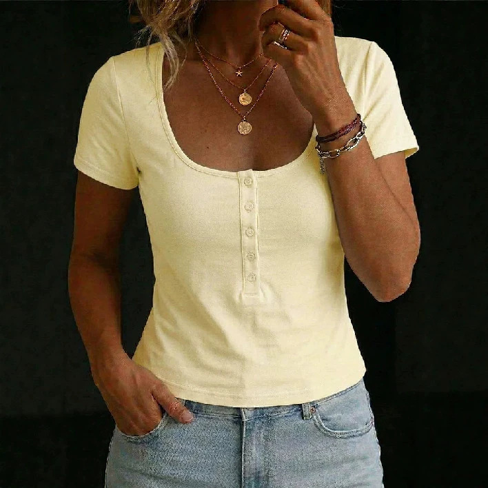 Women's Slim Fit Square Neck Half-Button Short Sleeve Crop Top