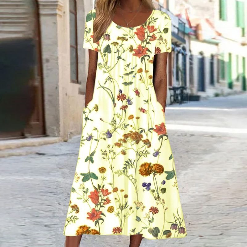 Women's Floral Print Ruched Midi Dress Short Sleeve Crew Neck