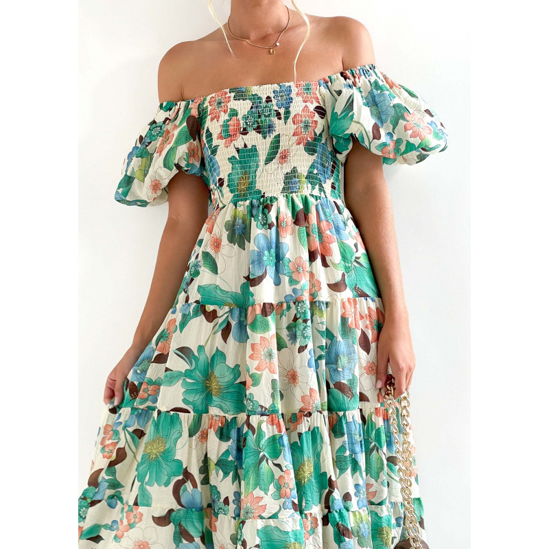 Square Neck Lantern Sleeve High Waist Off-Shoulder Loose Long Dress