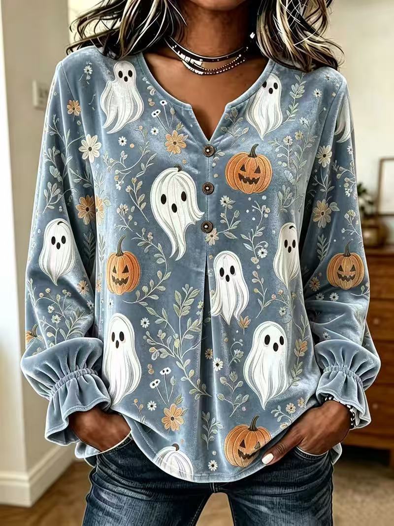Women's Velvet Long Sleeve Shirt with Halloween Ghost Pumpkin Print