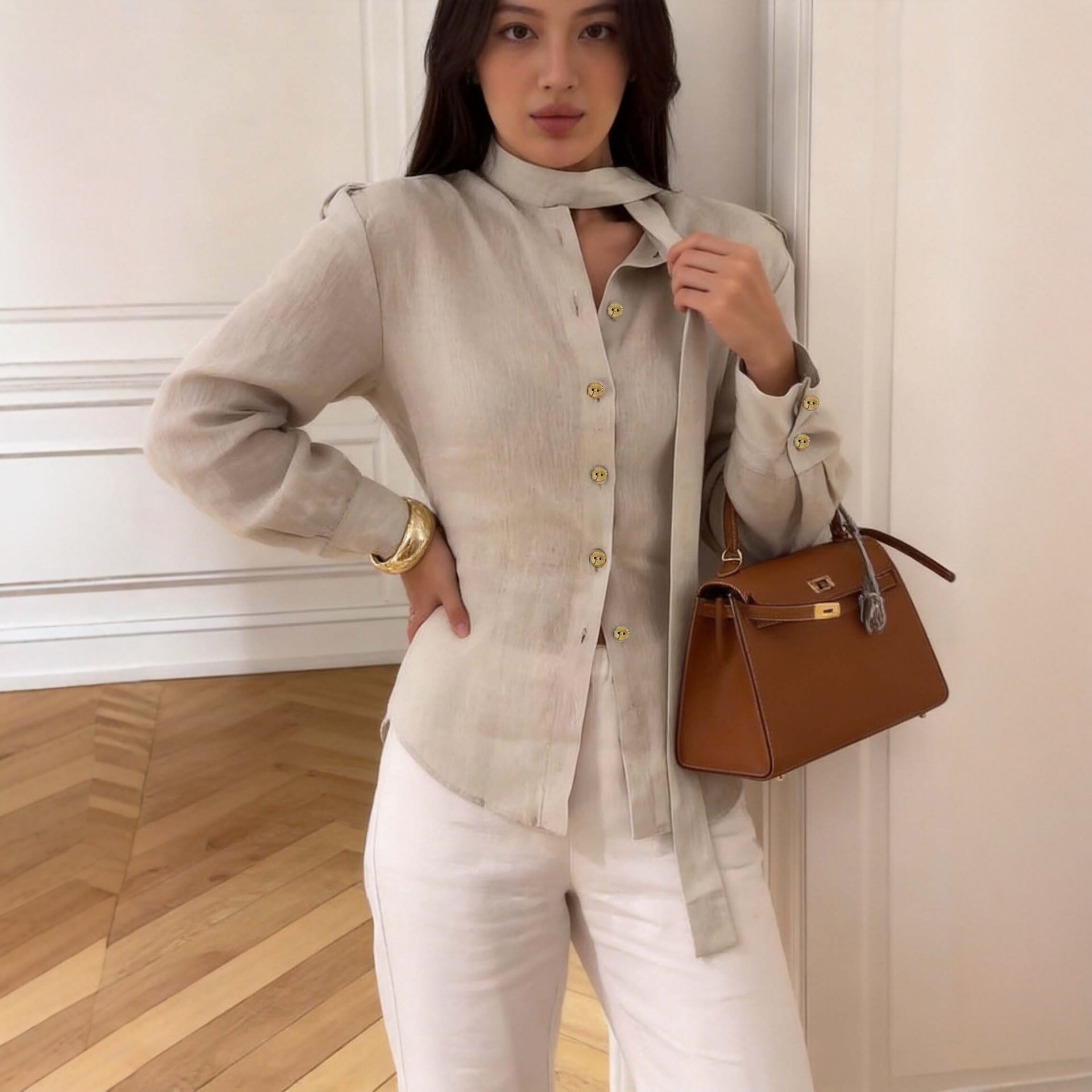 Women's Solid Button-Front Long-Sleeve Shirt with Back Tie