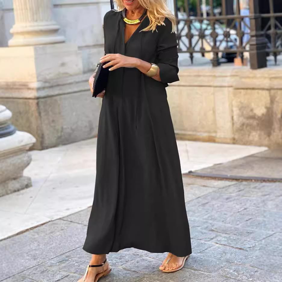 Solid Color Collared Long Sleeve Maxi Shirt Dress