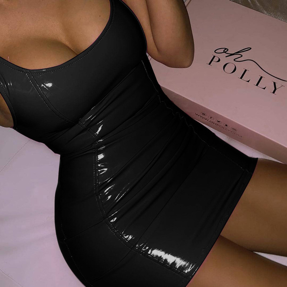Sexy Sleeveless Bodycon Mini Dress Faux Leather Zip High Stretch Round Neck