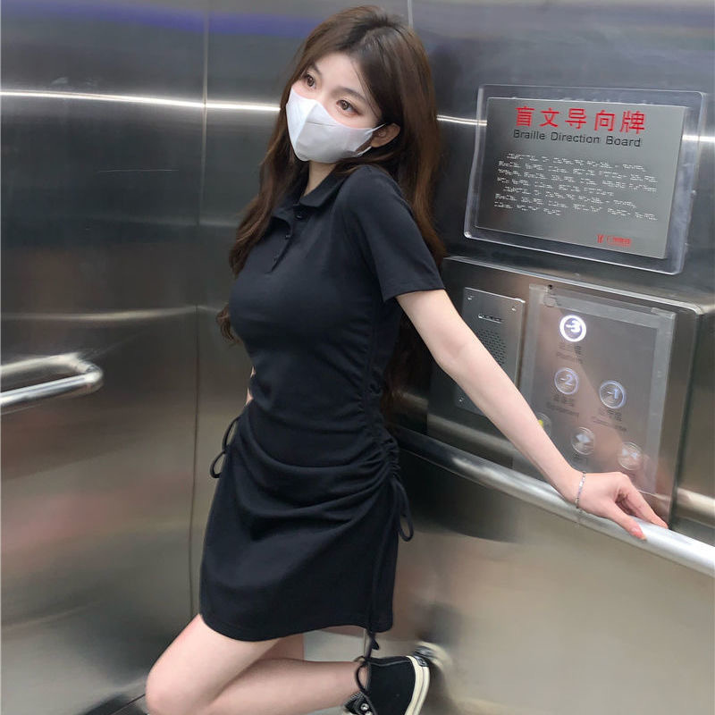 Pure Desire Style Polo Collar Dress with Drawstring Tie Short Sleeve Slimming