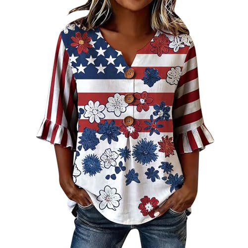 Women's American Flag Print Short Sleeve Button-Up Shirt