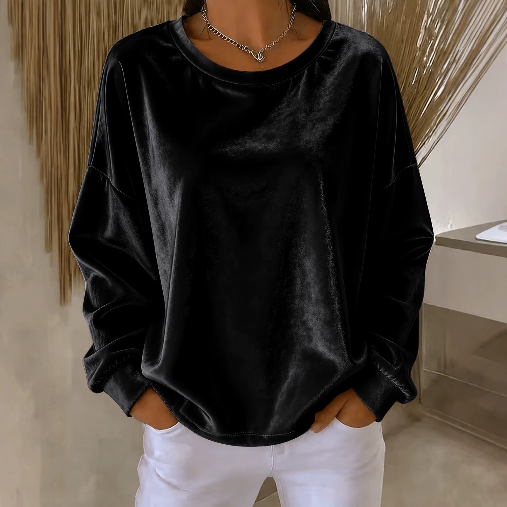 Women's Velvet Long Sleeve Crewneck T-Shirt Solid Color Loose Fit