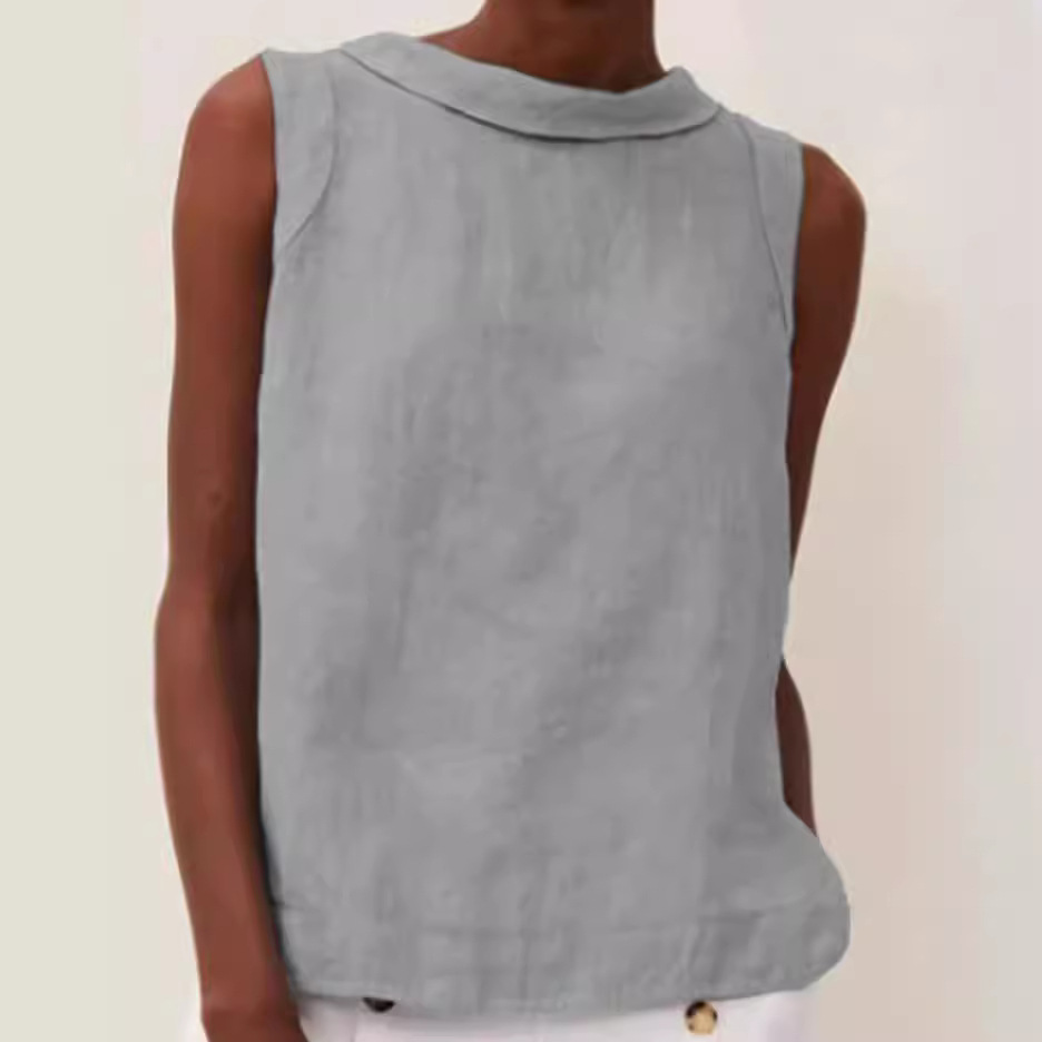 Cotton-Linen Solid Crewneck Sleeveless Top